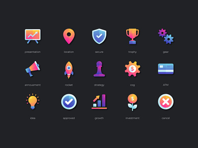 Business & Finance Gradient icon set 💗 approved business icon cancel cog custom work finance gear idea launch location loudspeaker minimal flat icon premium icon presentation rocket tropht