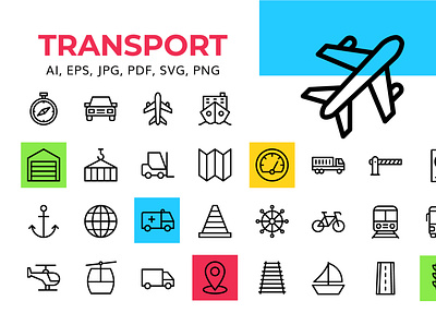 Transport Icon set Available abulance anchor barrier bicycle boat business car chair lift cone container garage helicopter icon set line icon location pin steering train transport van vans