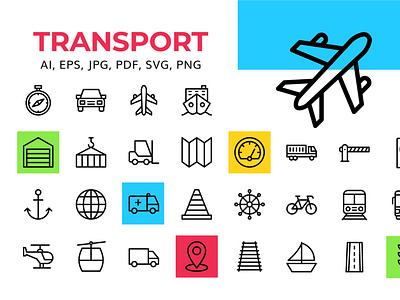 Transport Icon set Available abulance anchor barrier bicycle boat business car chair lift cone container garage helicopter icon set line icon location pin steering train transport van vans