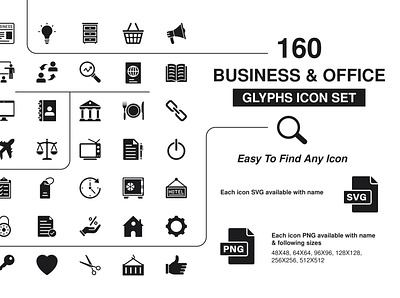 160 Business & office icon set bundle business business icon finance gluphs icon idea management office set of business icon symbols