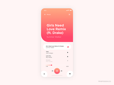 Music Player app artists branding dailyui design drake emotional gradient hip hop love mood music music player pink play pop summer ui ux vibe