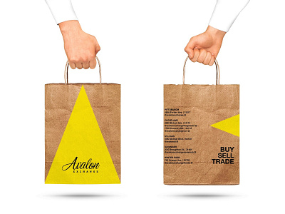 Avalon Exchange avalon brand guidelines buy sell trade exchange graphic design packaging paper bag shopping bag thrift store yellow triangle
