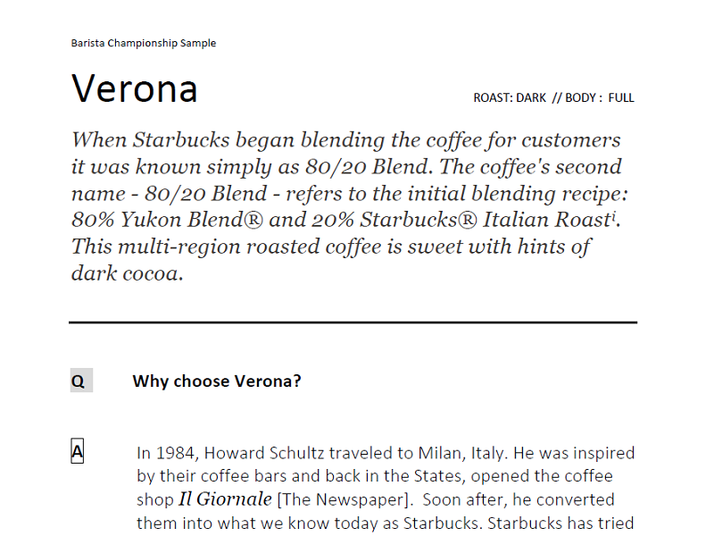 Verona coffee info card