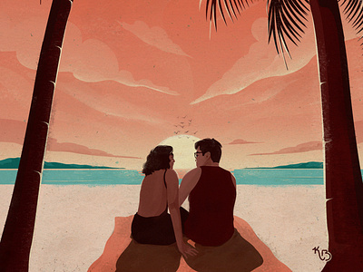 Warmth beach beach sand clouds couple digital art gazing illustration illustrations palmtree sand sea serene serenity silhouette sun sunglasses sunset texture warmth