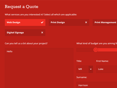 Quote Form Design agency design agency quote red redesign request a quote slider tick web web design