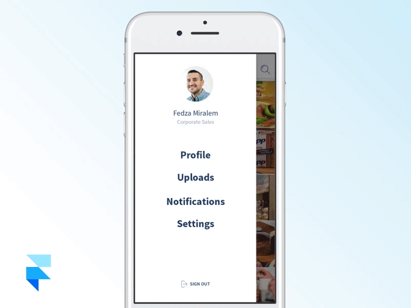 Profile menu interaction animation app clean ui feed framer interaction design menu mobile profile prototype side menu ux