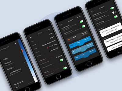 Profile menu and subviews app cards clean menu payment profile receipt ui user user interface