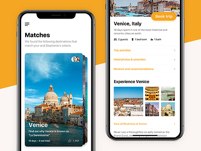 BIG Travel Matching Concept booking card clean menu photos swipe travel ui user interface ux