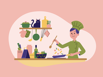 Cooking character chef cooking flat illustration kitchen vector