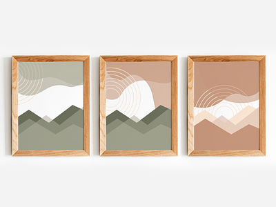 Mountain Sunset Triptych | Weekly Warm-up | Digital Download abstract abstract art art set artwork boho design digital download download graphic design green illustration landscape modern mountain neutrals sunset triptych vector wall art weekly warm up