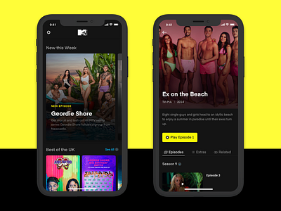 MTV+ android app app design card interaction ios media tv ui ux video video player