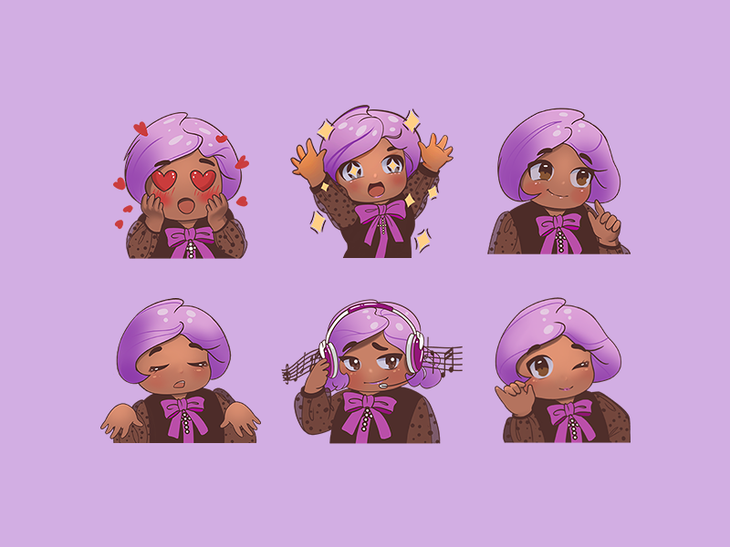 Twitch emotes chibi cute stuff icons icons set illustration kawaii pink hair purple twitch twitch channel points twitch emotes violet