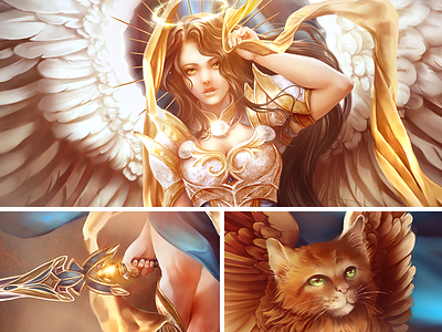 Digital Paint commission angel armor digital 2d digitalart digitaldrawing fantasy golden kitten sword warrior wingsart