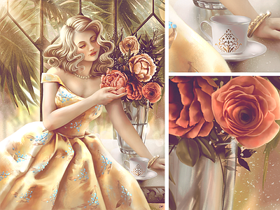 Bon Ton blonde bouquet digital art digital painting digitalart flowers greenhouse portrait roses sunset tea vintage