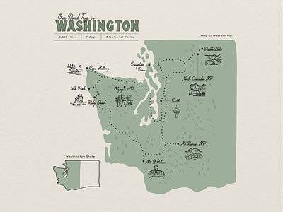 Washington State Road Trip Map design green illustration map national park national park map nature outdoors park map parks procreate road trip travel washington washington map washington state