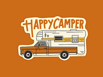 Happy Camper Sticker camper campers camping design happy illustration nature orange outdoors procreate retro sticker vintage yellow