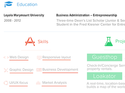Resume Section college education entrepreneurship flat flat colors icons projects resume skills startup ui