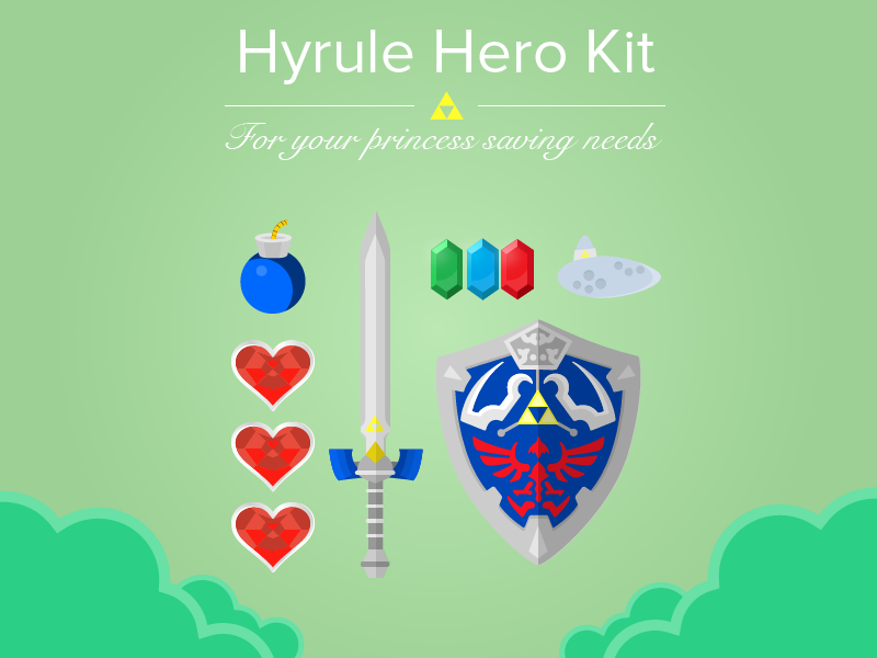 Hyrule Hero Kit zelda nintendo gaming link legend sword rupee bomb heart shield ocarina flat