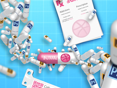 Dribbble Addiction 3d addiction blue illustrator invite medical modeling photoshop pill. doctor pink