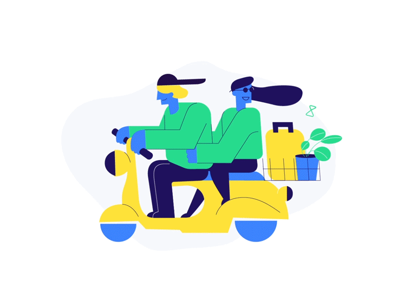 on vacation after affects animation blue couple digital flat flat design green happy hollidays illustration italy joyful minimal travel vacation vector vespa yellow