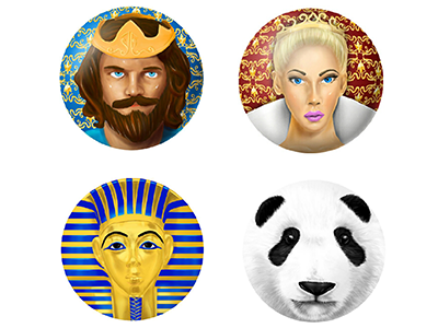 Illustration of icons set for a game adobe photoshop character design game hand drawn icon illustration king panda queen tutankhamon