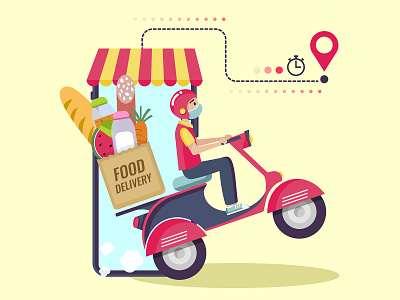 Online food delivery bike delivery food illustration mask online scooter vector vespa
