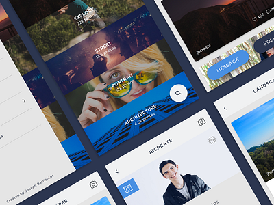 the PHOTOSPOT flow android app card feed ios material design messaging mobile photography social media typography