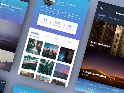 Photospot UI exploration app bold layout material mobile photography sleek social