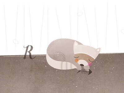 R is for raccoon alphabet child cute flash card mid century raccoon retro texture