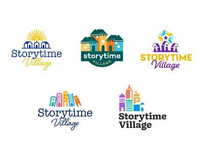 Storytime Village Identity Design book books branding building children city color design house icon kids literacy logo palette story sun typography village wordmark