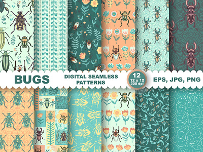 BUGS. Digital Seamless Patterns. beetle bugs digital art digital scrapbooking graphic design illustration ornament packaging printable seamless pattern summer style tex textile design vector