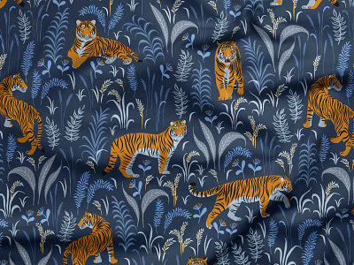 Tigers and Plants animals illustration plants printing on fabric seamless pattern summer style textile design tiger
