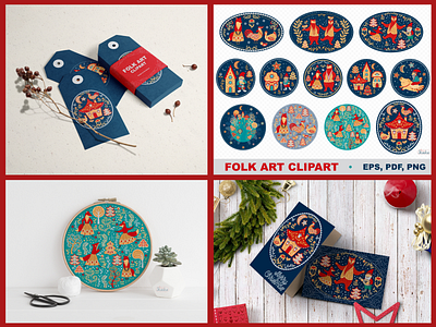 Collection of Illustrations in Folklore Style christmas card fairy tale folk art for kids graphic design illustration motif clipart ornament packaging printable scandinavian sticker design textile design