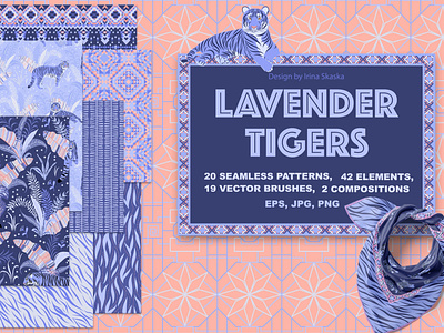LAVENDER TIGERS animal print geometric pattern handkerchief illustration ornament packaging pantone2022 purple scarf seamless pattern textile design tiger very peri