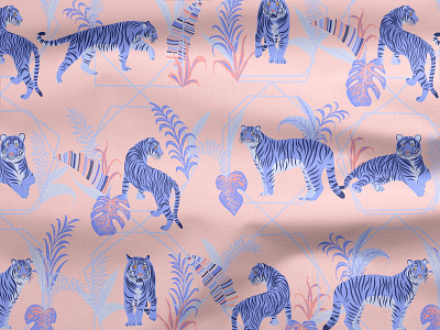 Lavender Tigers on a Pink illustration modern design ornament packaging pink printing on fabric seamless pattern summer style textile design tiger very peri