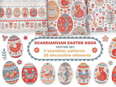 SACANDINAVIAN EASTER EGGS clipart cute animals easter eggs embroidery pattern folk art illustration ornament packaging scandinavian easter seamless pattern sticker design summer style textile design