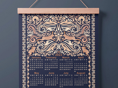 CALENDAR 2023. Ornament & Rabbits calendar 2023 ornament rabbits symmetrical pattern textile design wall hanging