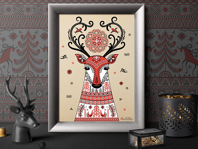 DEER. Mezen Painting amulet deer fairy tale female folklore mythical red sun t shirt print