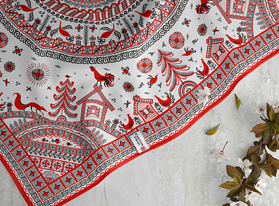 Design for a scarf in the style of Mezen painting design folk art illustration ornament textile design