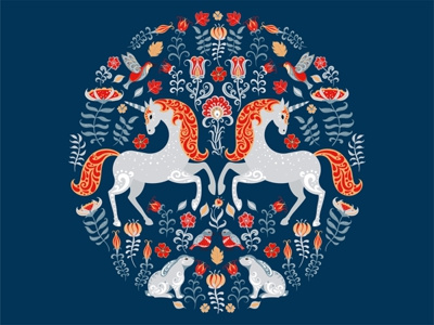 Fantasy animals and birds folk art ornament ornate pattern unicorn vector illustration