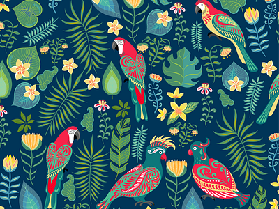 Bright parrots on the background of tropical flowers and leaves.