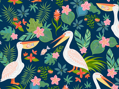 Pelicans on a background of tropical flowers and leaves. ornament packaging pattern pelican textile design tropical vector illustration