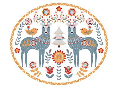 Circular ornament. Scandinavian style. Folk art. circle design cute animals deer emblem design folk art folklore illustration kids design logo scandinavian