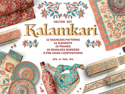 KALAMKARI. Vector Set Ornaments. border folk art indian style kalamkari oriental pattern ornament packaging scarf seamless pattern textile design
