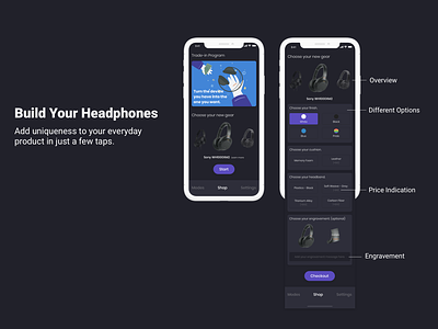 Redesign Sony Headphones App - Build Your Headphones dark theme design illustration screens technology ui uxdesign