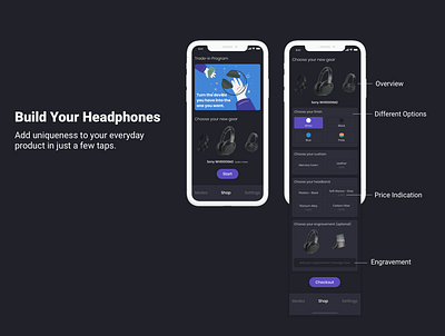 Redesign Sony Headphones App - Build Your Headphones dark theme design illustration screens technology ui uxdesign