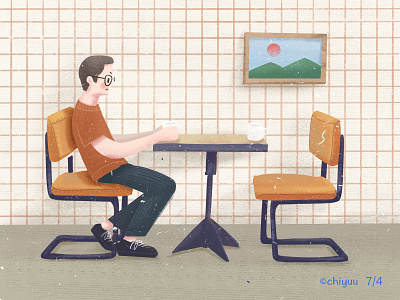 Lonely time beautiful boy chair character cup illustration lonely orange paiting story style