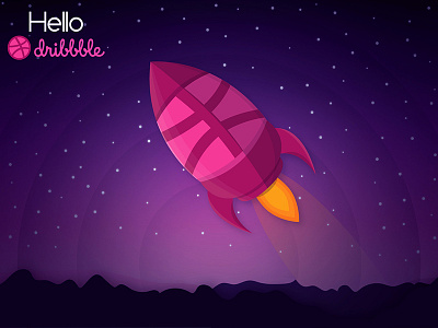 Dribbble Launch debut dribbble first shot galaxy illustration landscape launch night rocket sky stars vector