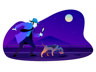 Error 404 not found 2d illustration 404 error 404 error page 404page branding design detective dog footprints illustration moonlight moonshine night searching sherlock holmes vector woobro