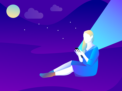 Girl Using Her Phone at Night 2d illustration addicted design girl illustration mobilephone moon single stars vector